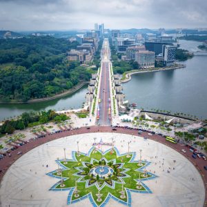 Aerial View Of Putrajaya City Centre with Lake at sunset in Putrajaya, Malaysia.